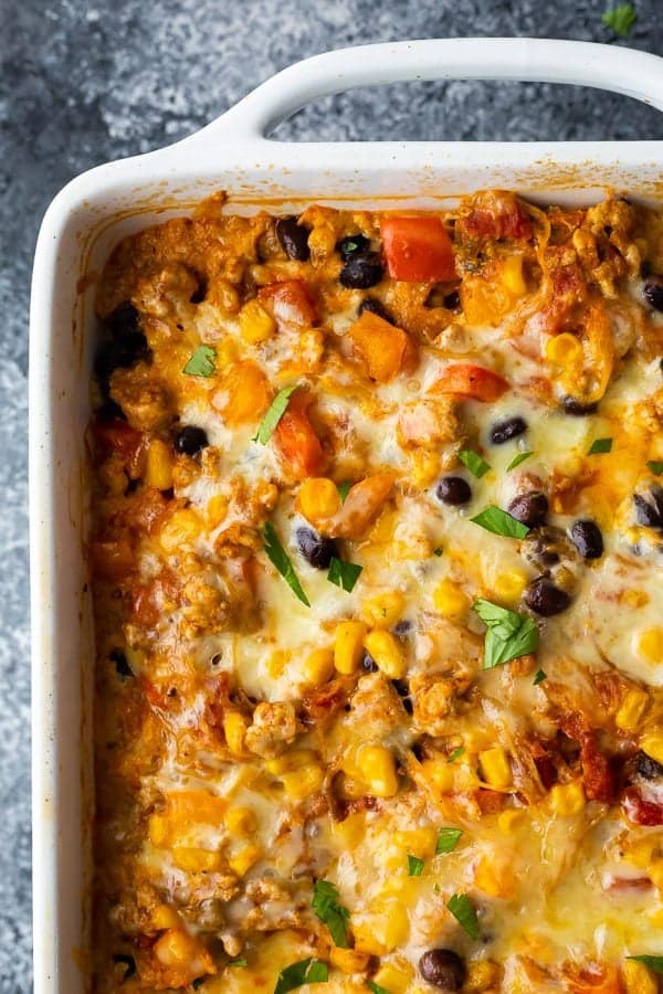 overhead shot of mexican spaghetti squash casserole in white baking dish