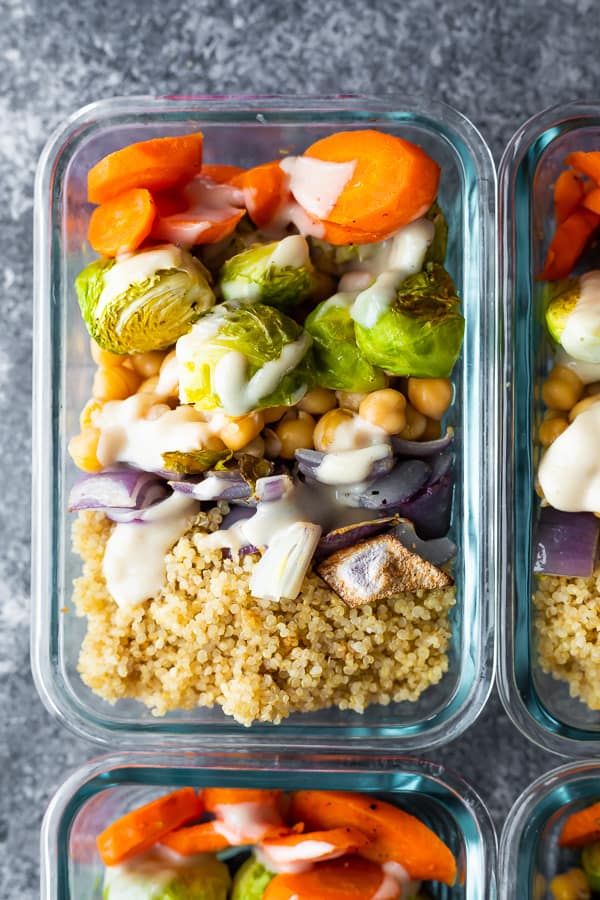 overhead shot of buddha bowl in meal prep container