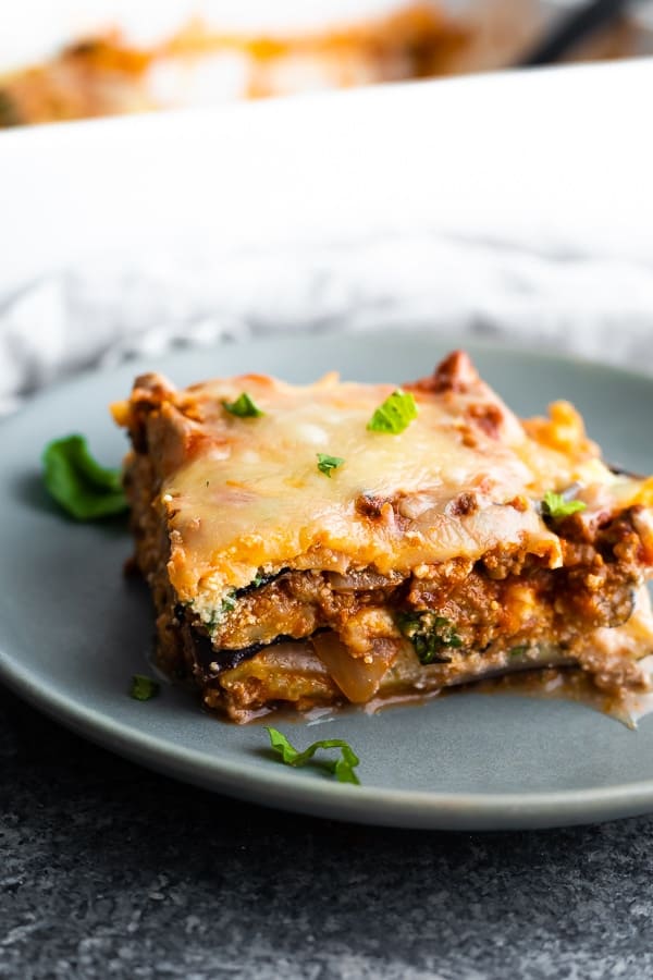 a slice of eggplant lasagna on a plate