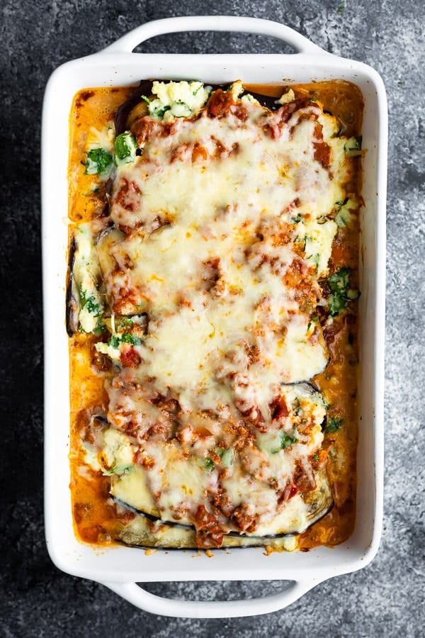 overhead view of the cooked low carb eggplant lasagna