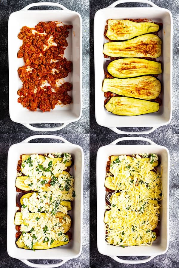 collage image showing assembly of the low carb lasagna