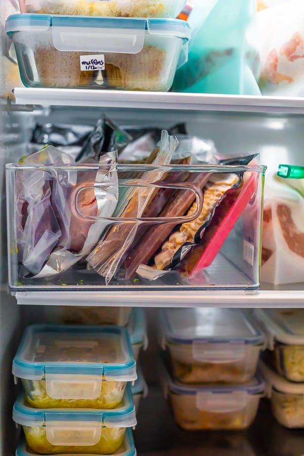 Freezer Meal Do's & Don'ts showing how to organize freezer with bins