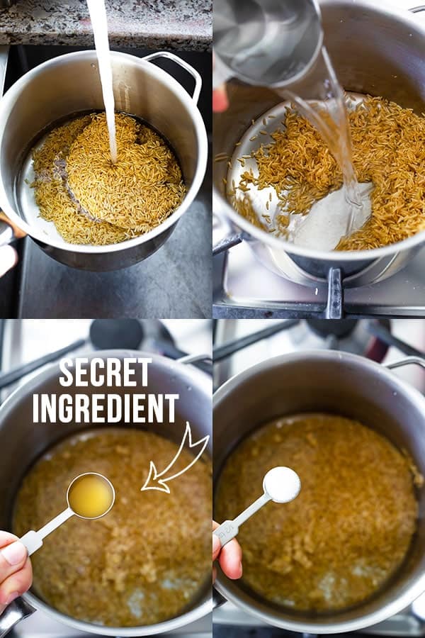 collage image showing how to cook brown rice on the stove