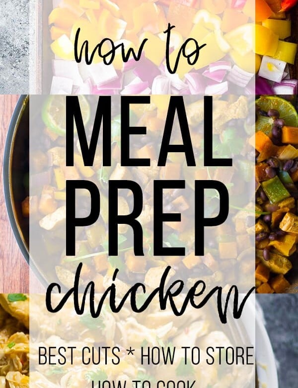 collage image with text overlay saying how to meal prep chicken
