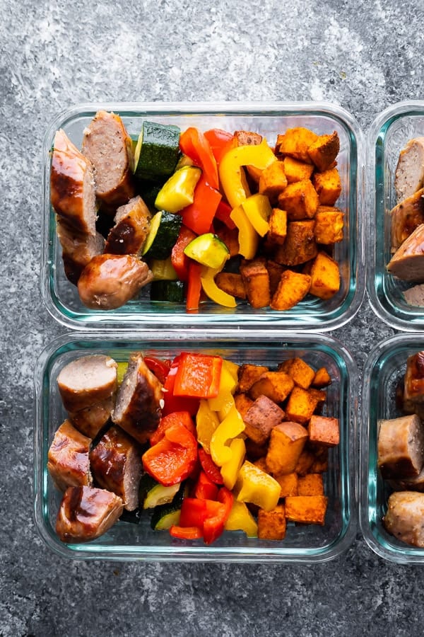 overhead view of Sheet Pan Breakfast Bake in meal prep containers