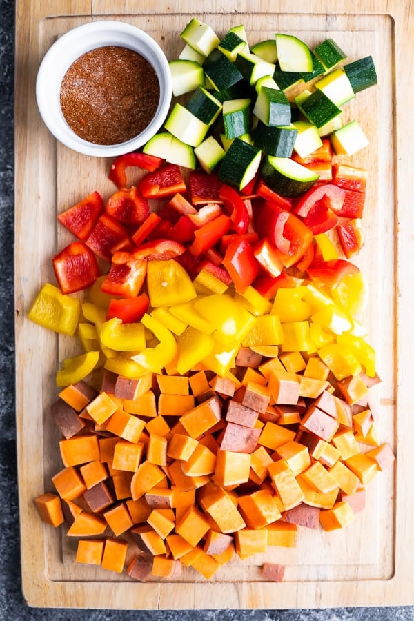 ingredients for the Sheet Pan Breakfast Bake on cutting board