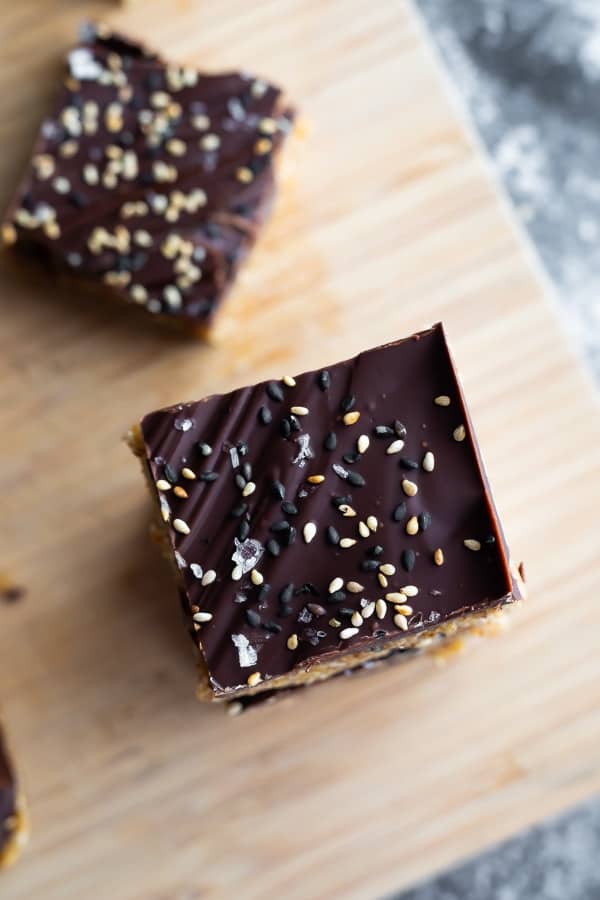 Chocolate Tahini Oat Bars on cutting board