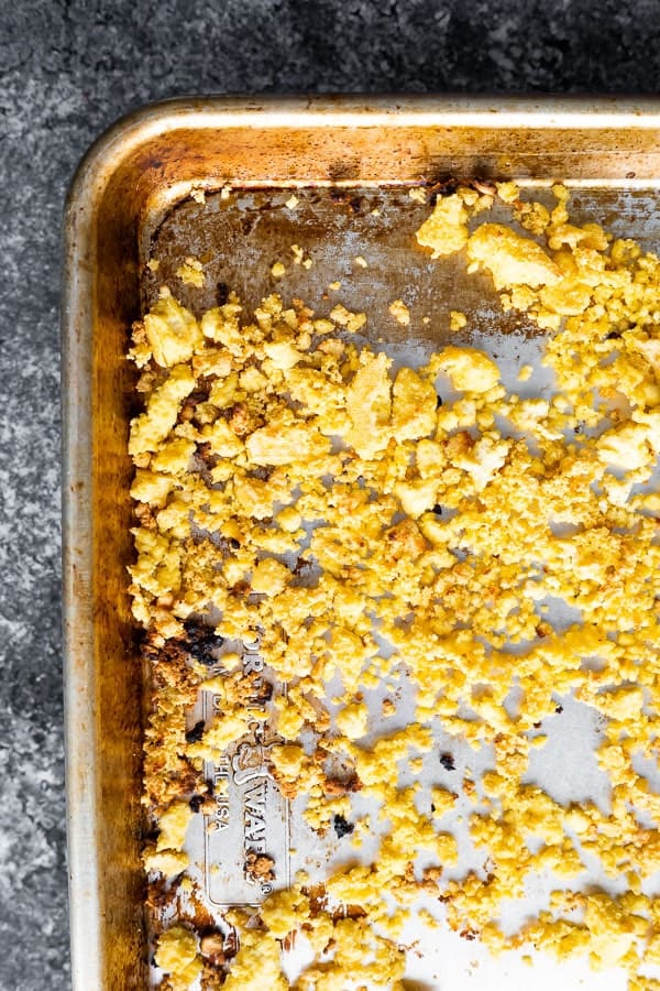 overhead shot of tofu crumbles in baking pan