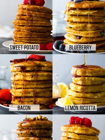 Collage image of seven homemade pancake recipes featuring stacks of pancakes on plates with flavor labels