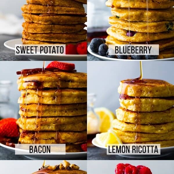 Collage image of seven homemade pancake recipes featuring stacks of pancakes on plates with flavor labels