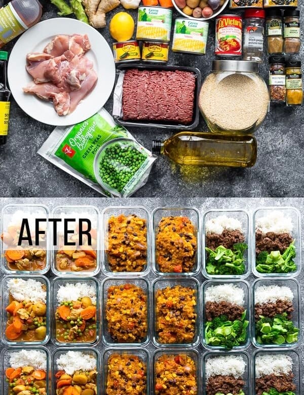 collage image of a variety of ingredients and the multiple freezer friendly lunches they turn into