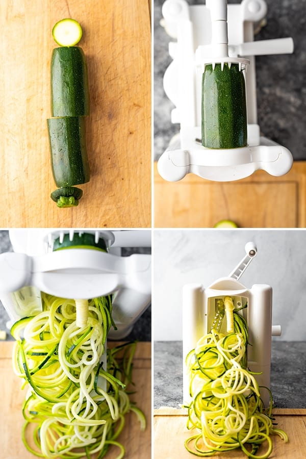 collage image showing step by step how to spiralize a zucchini