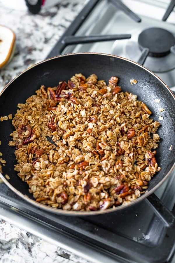 crunchy oat topping in pan for the french toast casserole crock pot