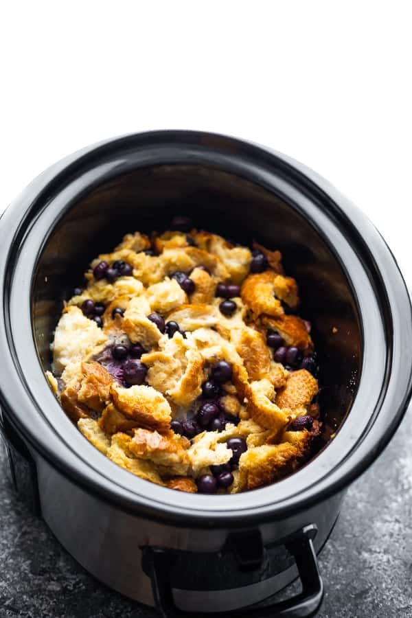 blueberry french toast casserole in slow cooker after cooking