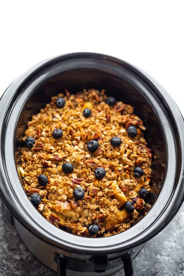 crockpot french toast casserole after cooking in slow cooker