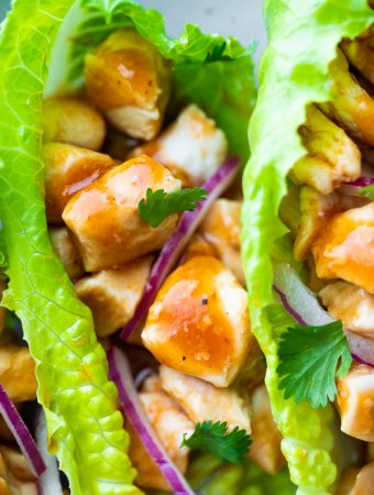 Close up shot of barbecue chicken lettuce wraps