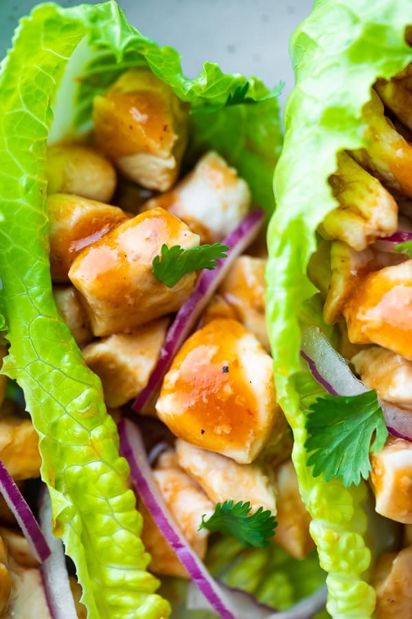 close up of the healthy chicken lettuce wraps