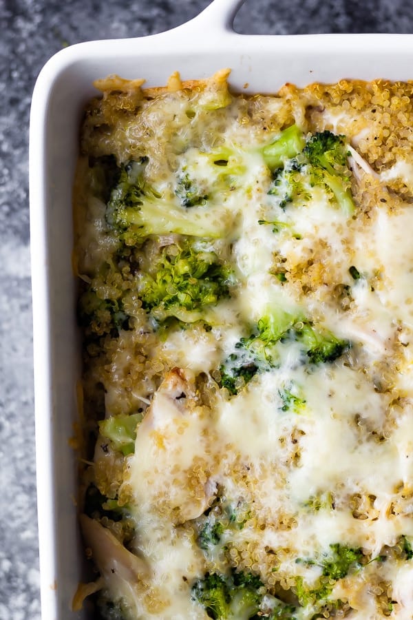 close up overhead view of broccoli quinoa casserole in baking dish