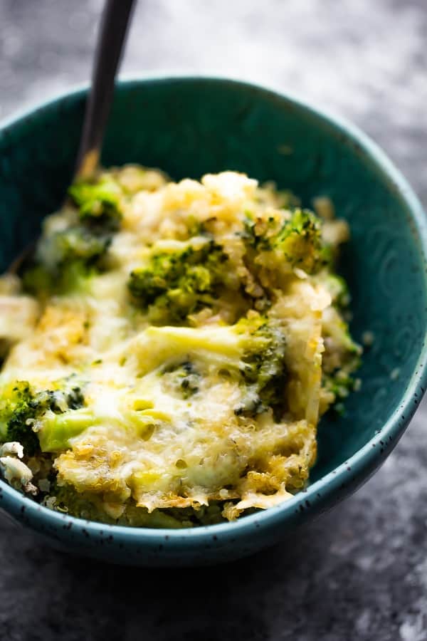 close up view of chicken and quinoa casserole in bowl