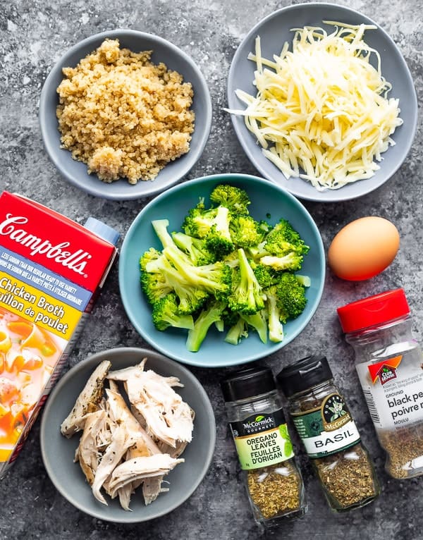 overhead view of ingredients for the chicken quinoa casserole 