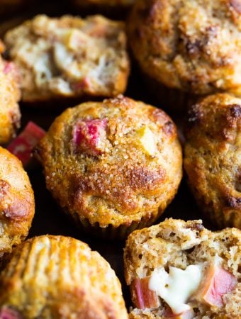 Close up shot of multiple healthy rhubarb muffins