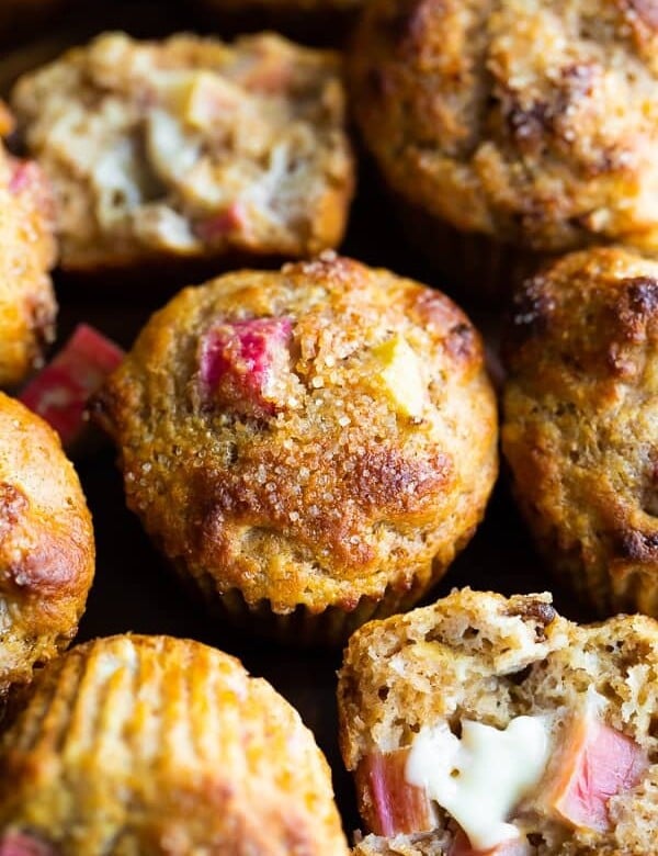Close up shot of multiple healthy rhubarb muffins