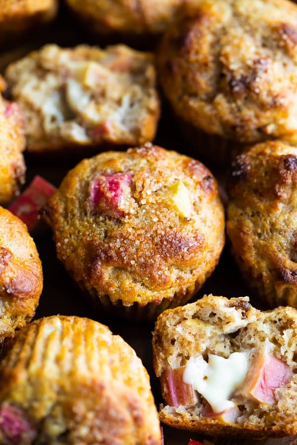 close up shot of rhubarb muffins on tray