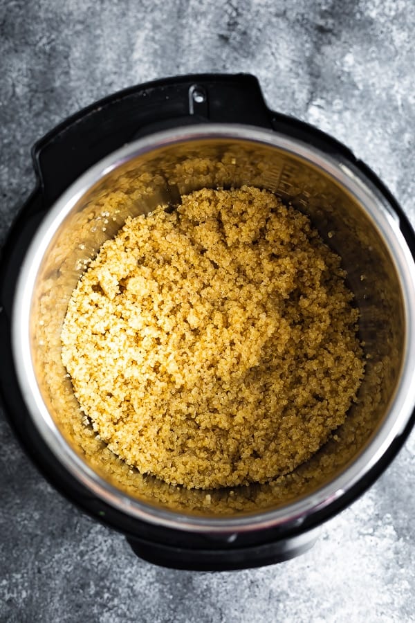overhead view of instant pot quinoa after cooking