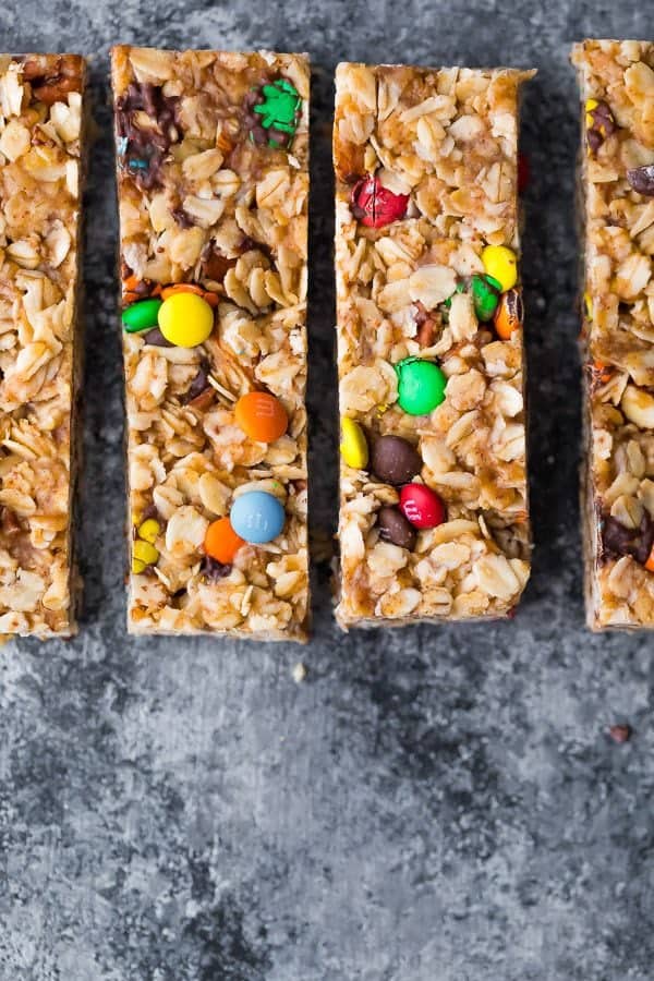 Overhead shot of four monster granola bars in a row