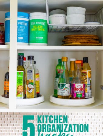 side view of a cabinet with various containers and bottles of pantry items