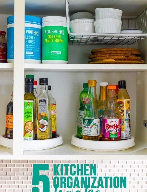 side view of a cabinet with various containers and bottles of pantry items