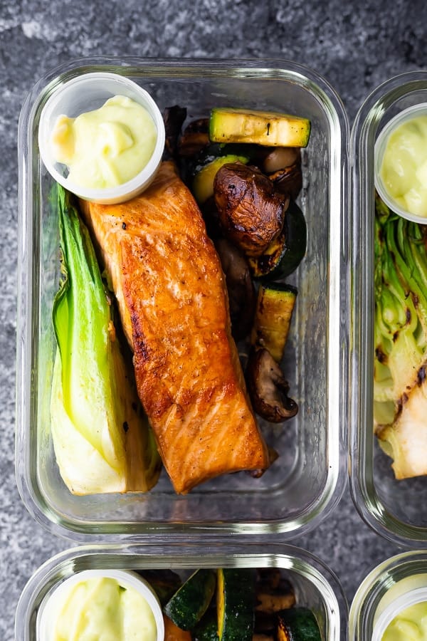 Low Carb Wasabi Grilled Salmon Bowls in meal prep container