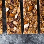 overhead shot of snickerdoodle almond butter granola bars sliced in a row