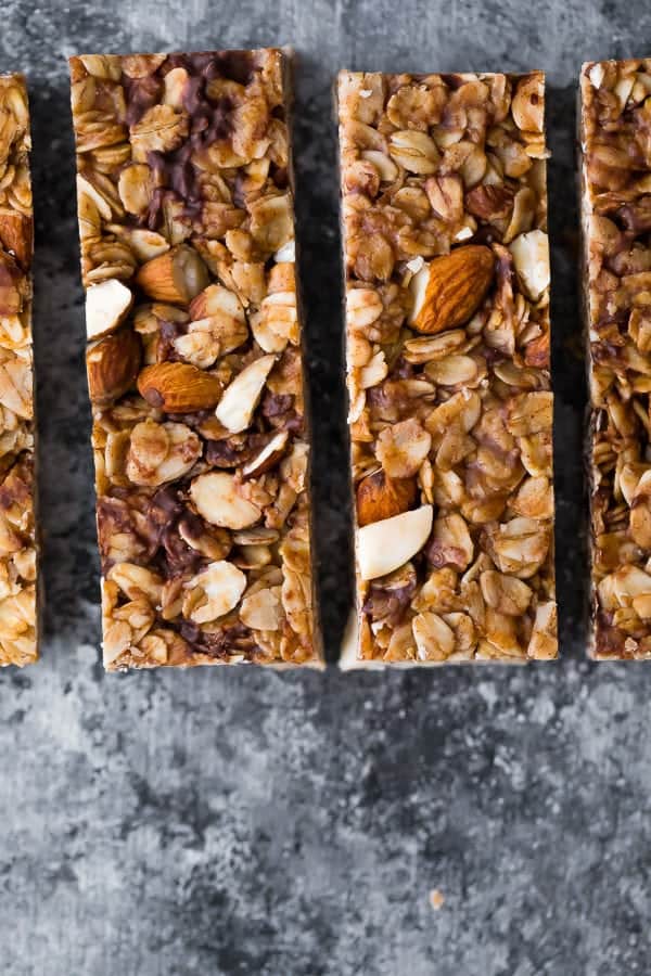overhead shot of snickerdoodle almond butter granola bars sliced in a row