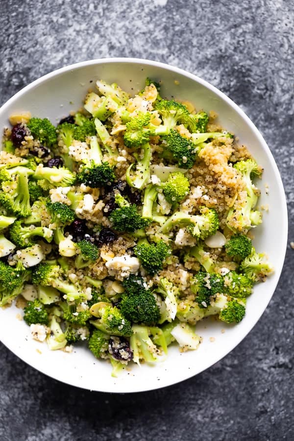 overhead view of the broccoli salad recipe in white bowl