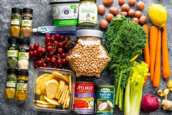 overhead shot of a variety of food ingredients on gray counter