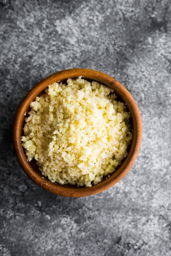 Parmesan Cauliflower Rice in wooden bowl 