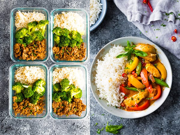 collage image of four glass meal prep containers and white bowl filled with rice and vegetables
