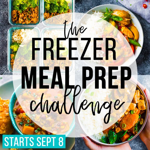 collage image with text overlay saying the freezer meal prep challenge