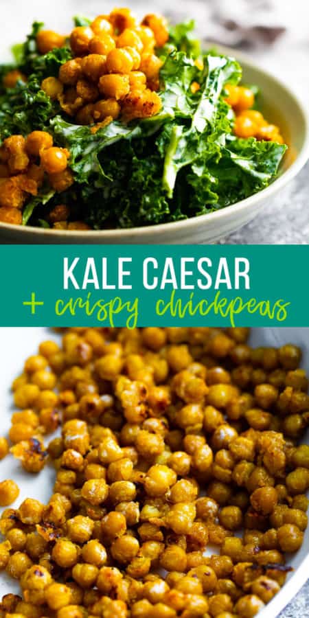 kale caesar salad with garlic chickpeas