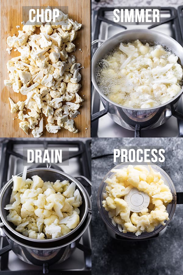 collage image showing how to make mashed cauliflower