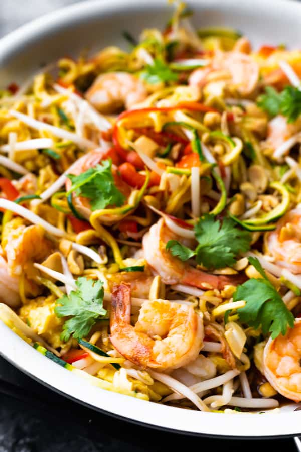 close up view of Zucchini Noodle Pad Thai in frying pan