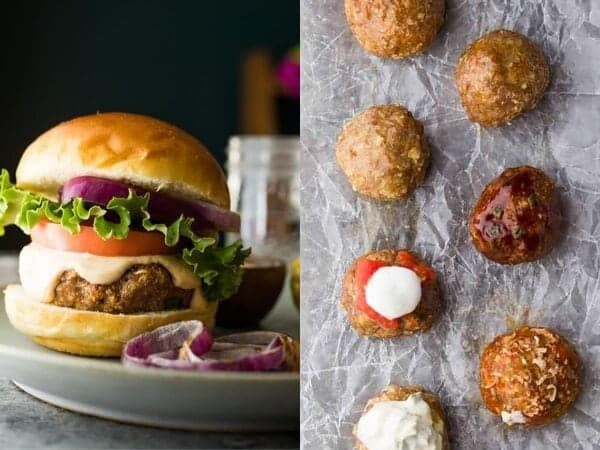 collage afbeelding van gehaktballen, gehaktbrood en burgers