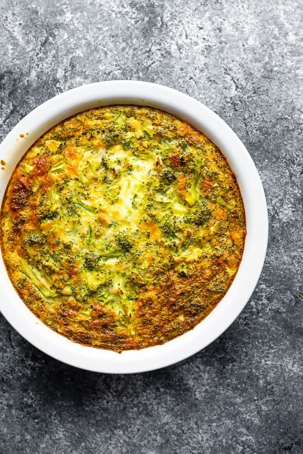 overhead view of broccoli cheese crustless quiche after baking