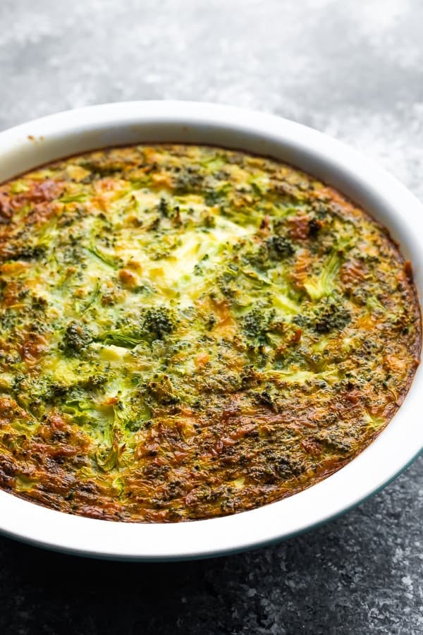 crustless quiche in a pie plate after baking