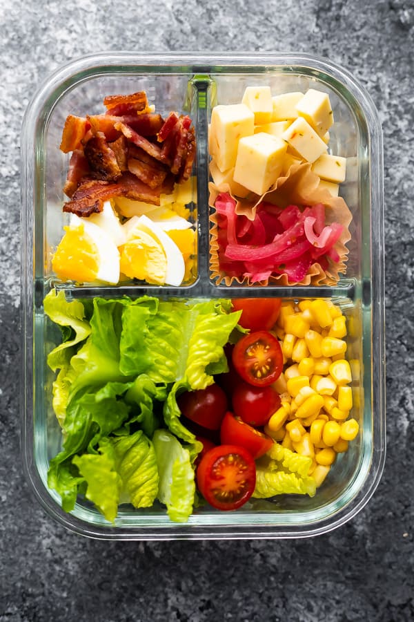 Mexican Cobb Salad in 3 compartment meal prep container