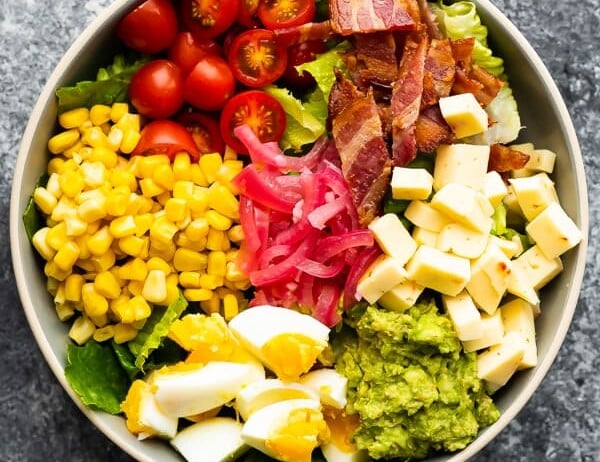 overhead shot of mexican cobb salad in large bowl