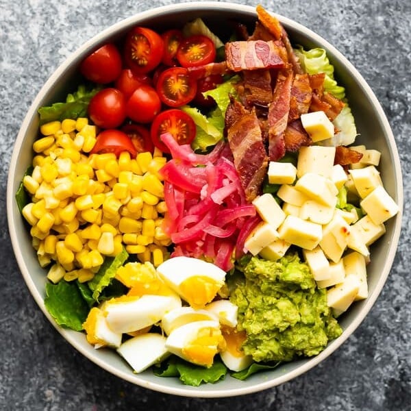 overhead shot of mexican cobb salad in large bowl