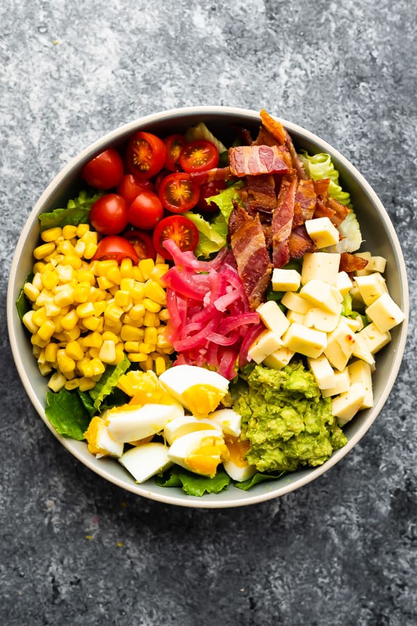 overhead shot of mexican cobb salad in large bowl