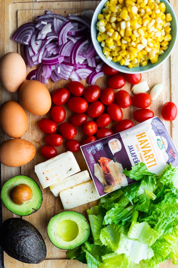 cobb salad ingredients on cutting board